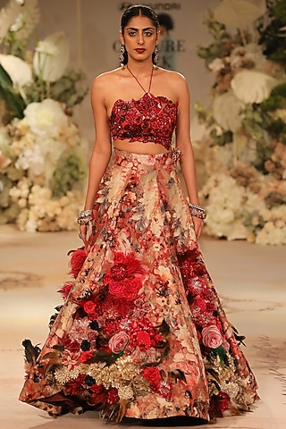 Red Brocade Printed & 3D Floral Embroidered Lehenga Set by Varun Bahl