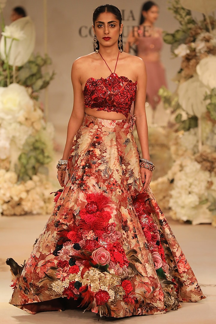 Red Brocade Printed & 3D Floral Embroidered Bridal Lehenga Set by Varun Bahl at Pernia's Pop Up Shop
