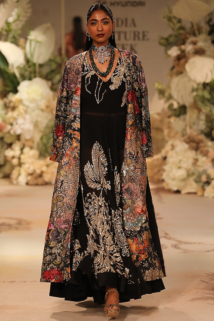 Black Brocade Silk Printed & Sequins Embellished Anarkali With Jacket by Varun Bahl at Pernia's Pop Up Shop