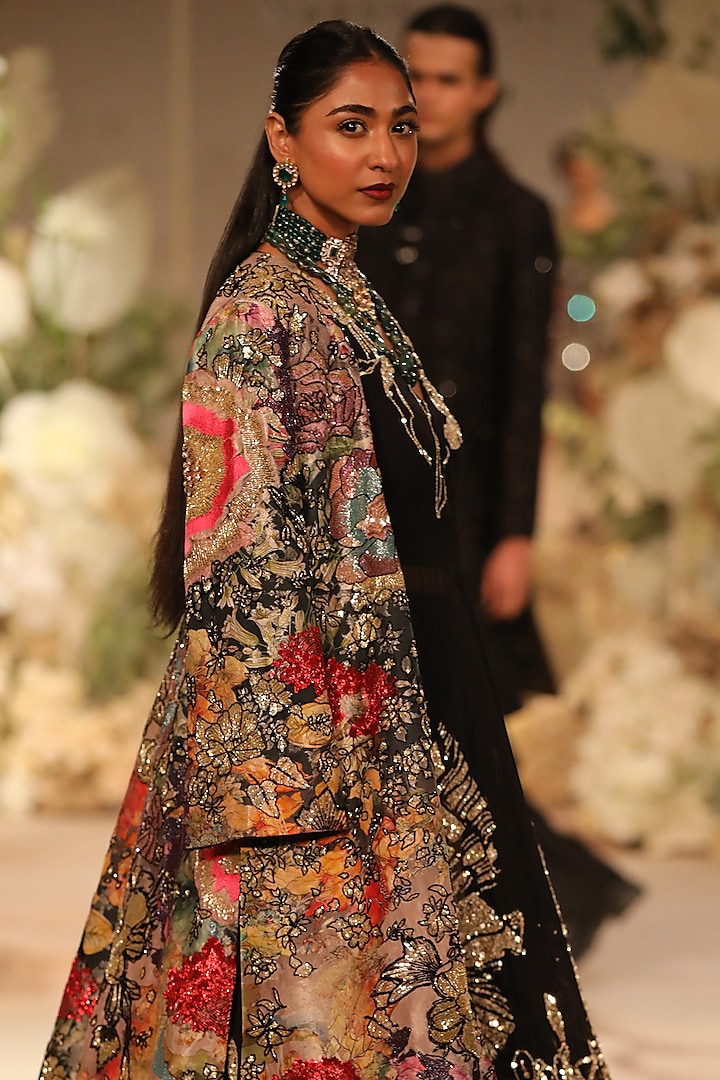 Black Brocade Silk Printed & Sequins Embellished Bridal Anarkali With Jacket by Varun Bahl at Pernia's Pop Up Shop