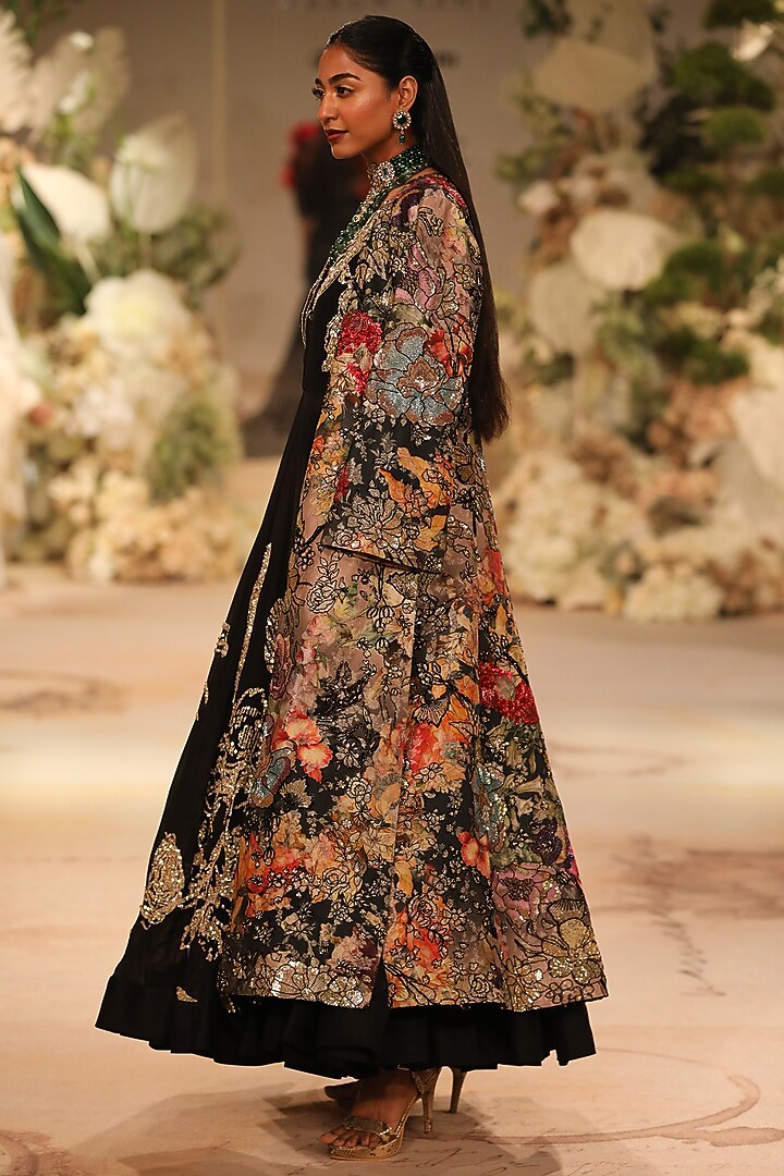 Black Brocade Silk Printed & Sequins Embellished Bridal Anarkali With Jacket by Varun Bahl at Pernia's Pop Up Shop