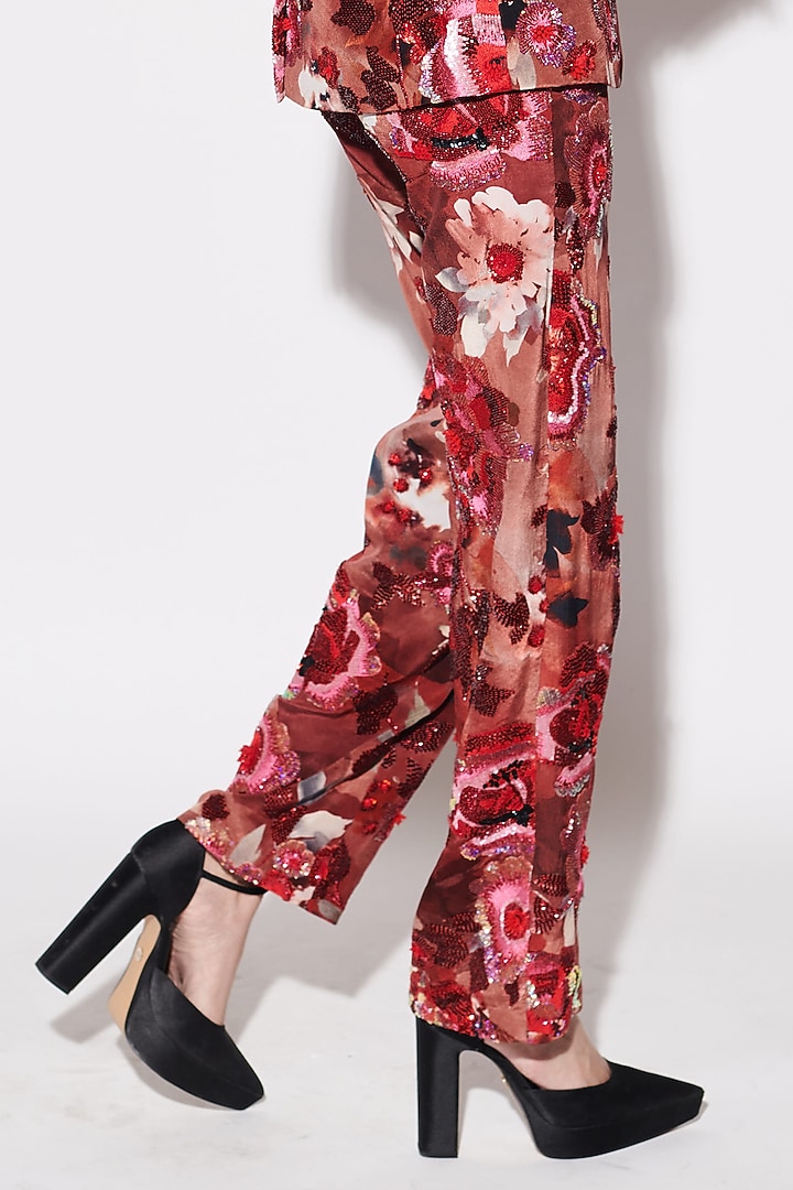 Red Crepe Printed & Resham Embroidered Jacket Set by Varun Bahl at Pernia's Pop Up Shop