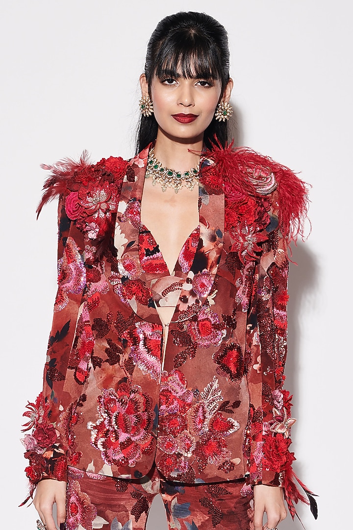 Red Crepe Printed & Resham Embroidered Jacket Set by Varun Bahl at Pernia's Pop Up Shop