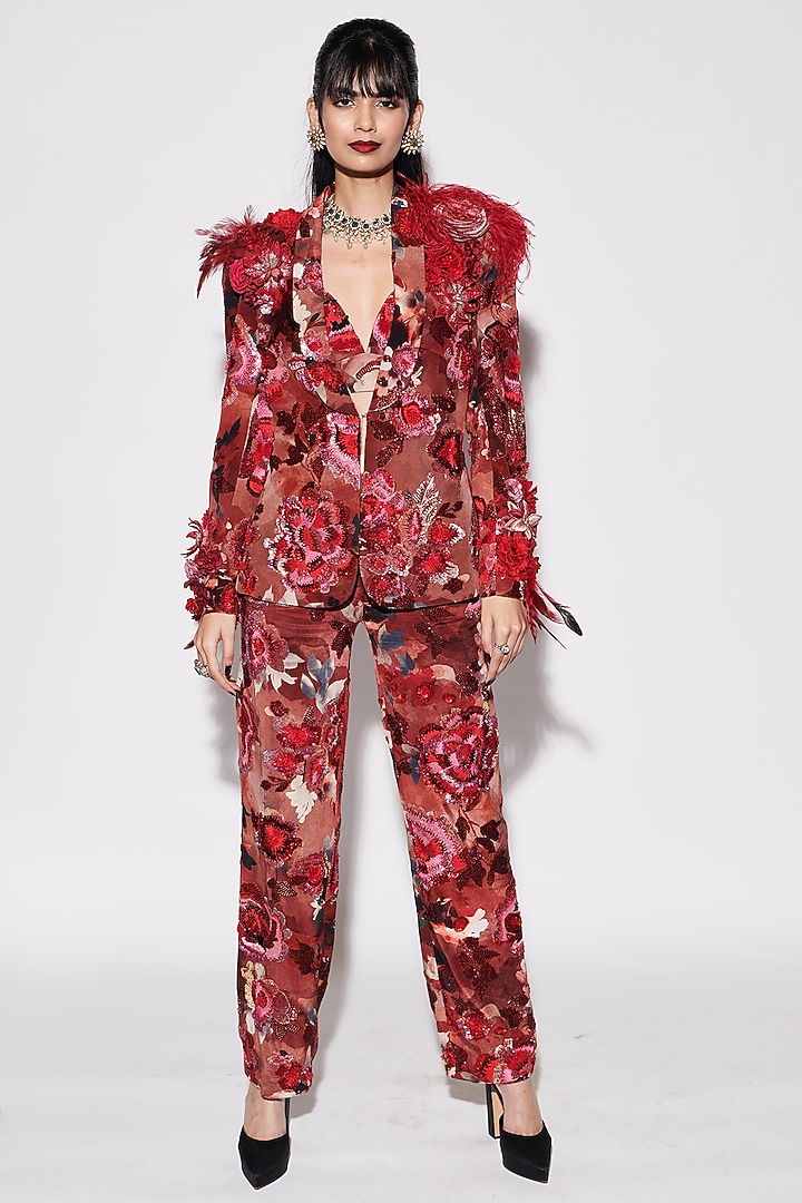 Red Crepe Printed & Resham Embroidered Jacket Set by Varun Bahl at Pernia's Pop Up Shop