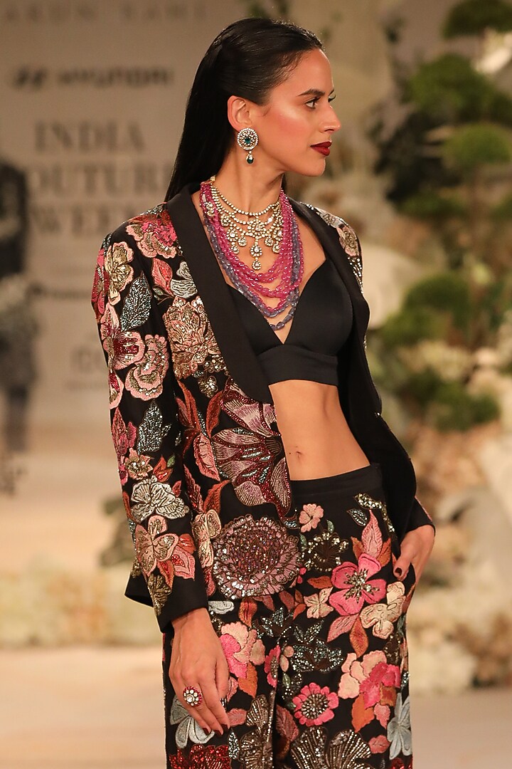 Black Chanderi Silk Resham Embroidered Jacket Set by Varun Bahl at Pernia's Pop Up Shop