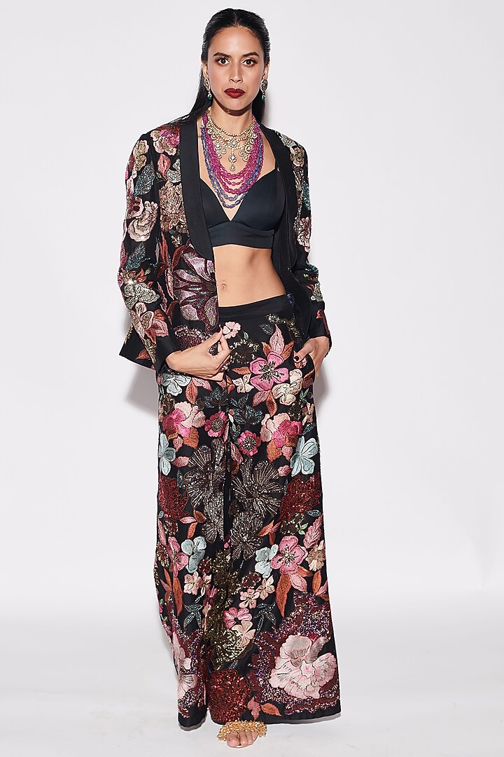 Black Chanderi Silk Resham Embroidered Jacket Set by Varun Bahl at Pernia's Pop Up Shop
