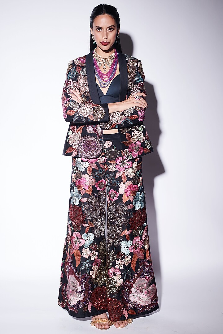Black Chanderi Silk Resham Embroidered Jacket Set by Varun Bahl at Pernia's Pop Up Shop