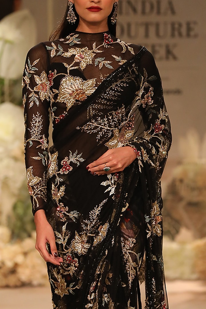 Black Soft Net Sequins & Bugle Beads Embroidered Bridal Saree Set by Varun Bahl at Pernia's Pop Up Shop
