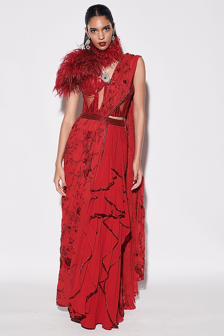 Vermilion Red Georgette Sequins Embroidered Concept Bridal Saree Set by Varun Bahl at Pernia's Pop Up Shop