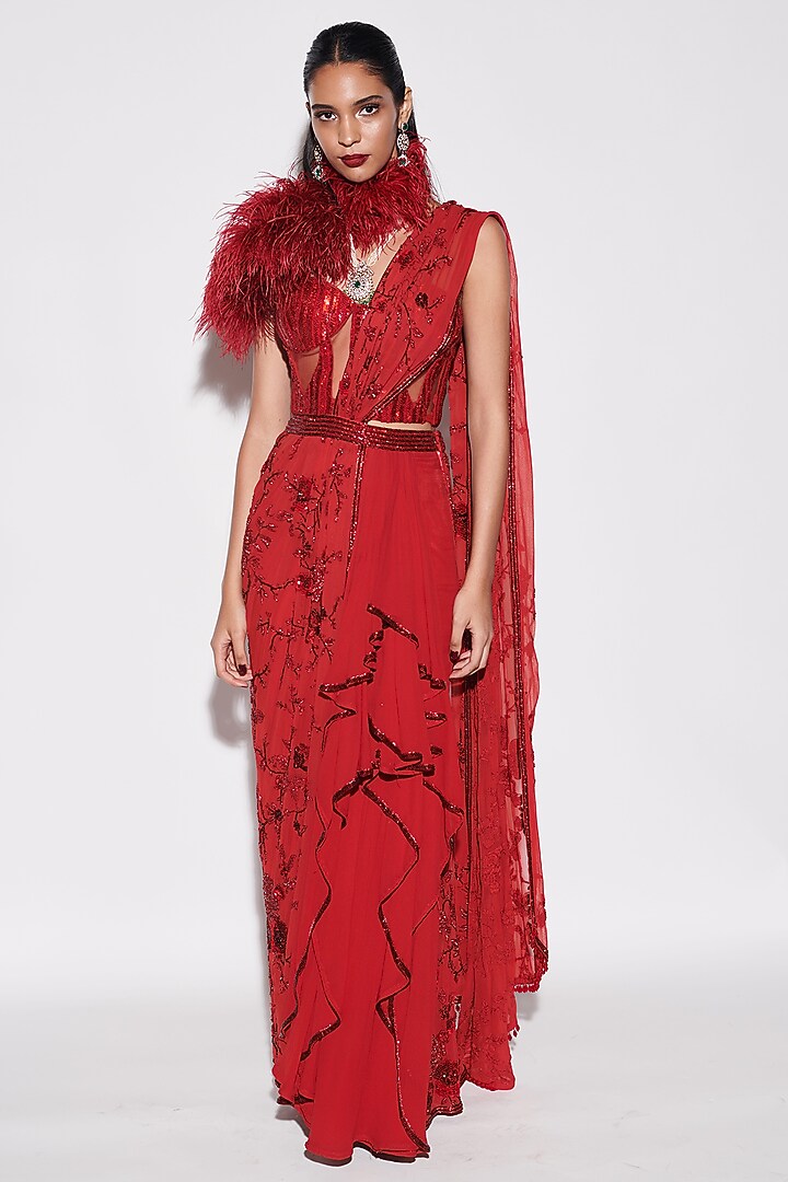 Vermilion Red Georgette Sequins Embroidered Concept Bridal Saree Set by Varun Bahl at Pernia's Pop Up Shop