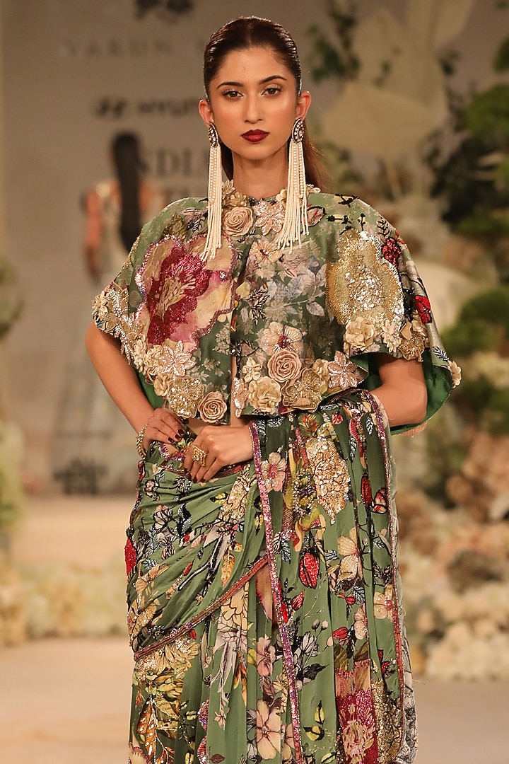 Green Silk Brocade Printed & Sequins Embroidered Concept Bridal Saree Set by Varun Bahl at Pernia's Pop Up Shop