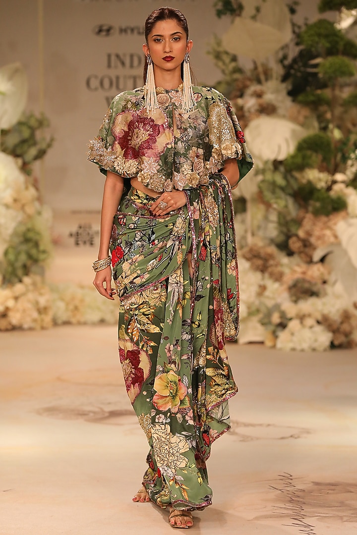 Green Silk Brocade Printed & Sequins Embroidered Concept Bridal Saree Set by Varun Bahl at Pernia's Pop Up Shop
