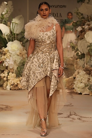 Pearl Ivory Silk Brocade Dabka Embellished Dress With Layered Skirt by Varun Bahl