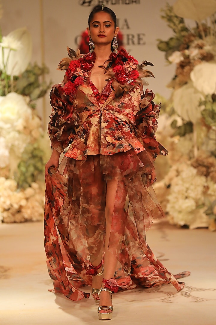 Red Chiffon & Net Printed Layered Dress by Varun Bahl at Pernia's Pop Up Shop