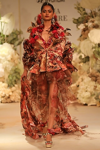 Red Chiffon & Net Printed Layered Dress by Varun Bahl