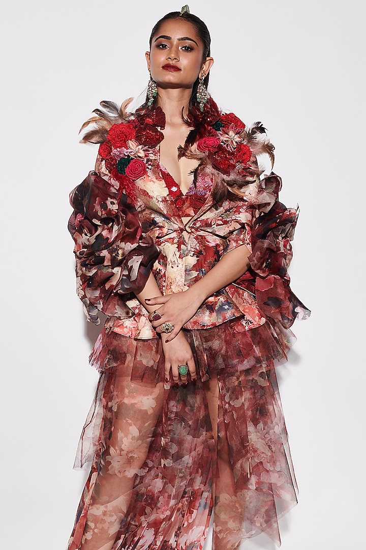 Red Chiffon & Net Printed Layered Party Wear Dress by Varun Bahl at Pernia's Pop Up Shop