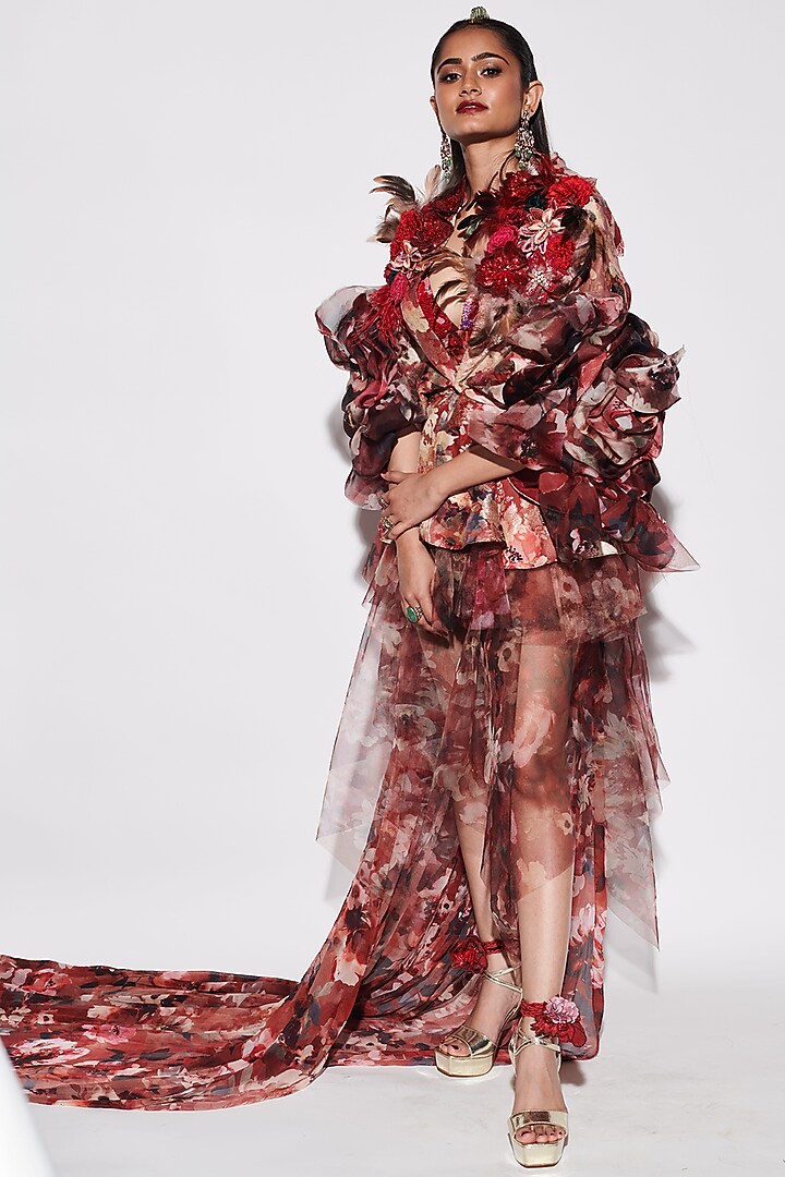 Red Chiffon & Net Printed Layered Party Wear Dress by Varun Bahl at Pernia's Pop Up Shop
