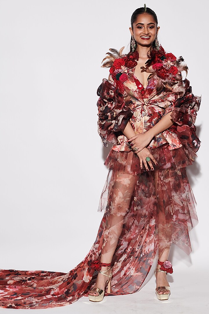 Red Chiffon & Net Printed Layered Party Wear Dress by Varun Bahl at Pernia's Pop Up Shop
