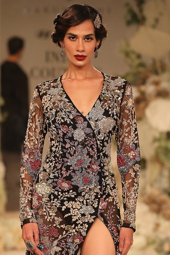 Black Net Bugle Beads & Sequins Embroidered Bridal Gown With Bodysuit by Varun Bahl at Pernia's Pop Up Shop