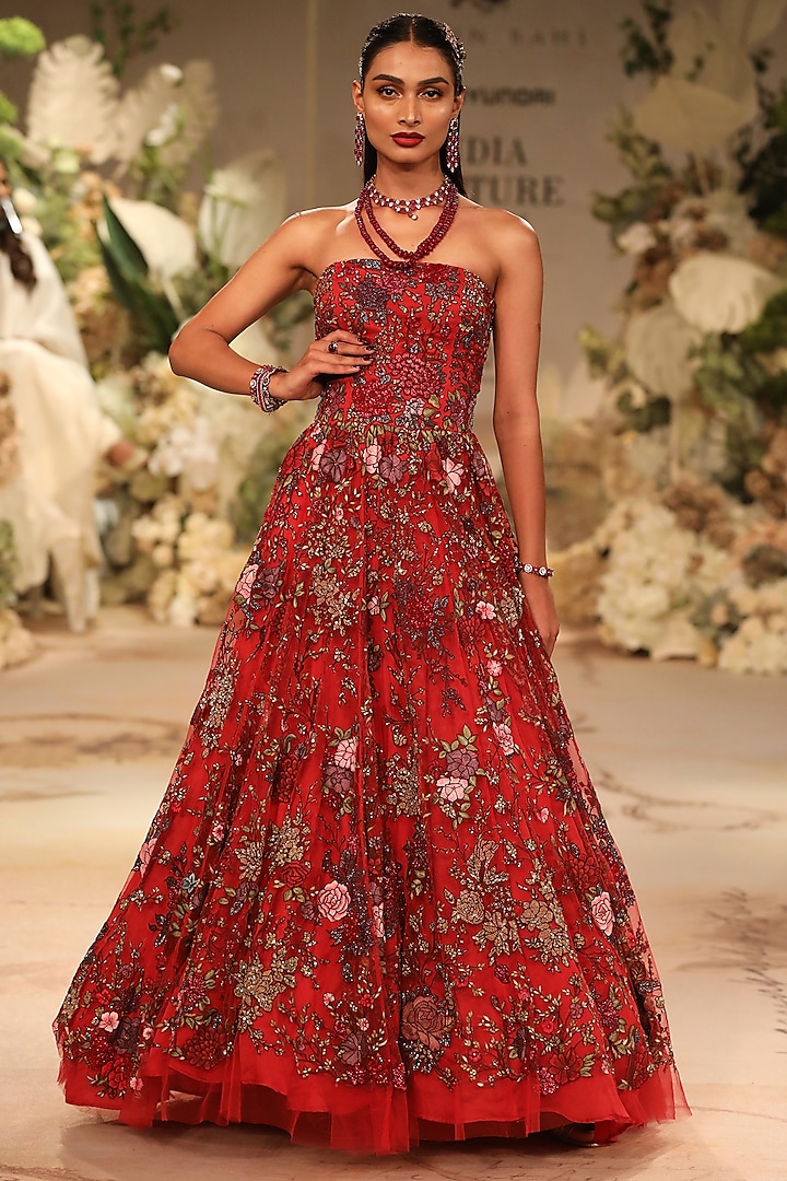 Red Net Resham & Sequins Embroidered Ball Gown by Varun Bahl