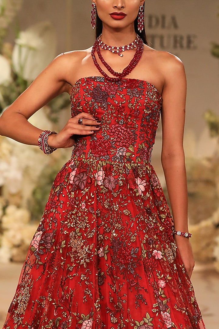 Red Net Resham & Sequins Embroidered Ball Bridal Gown by Varun Bahl at Pernia's Pop Up Shop