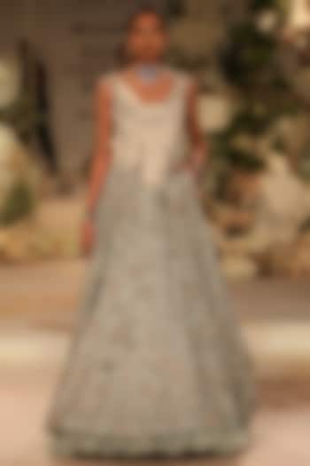 Seafoam Blue Silk Organza Aari Embroidered Bridal Gown by Varun Bahl at Pernia's Pop Up Shop