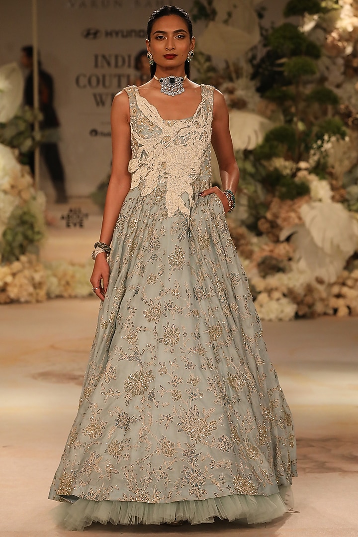 Seafoam Blue Silk Organza Aari Embroidered Bridal Gown by Varun Bahl at Pernia's Pop Up Shop