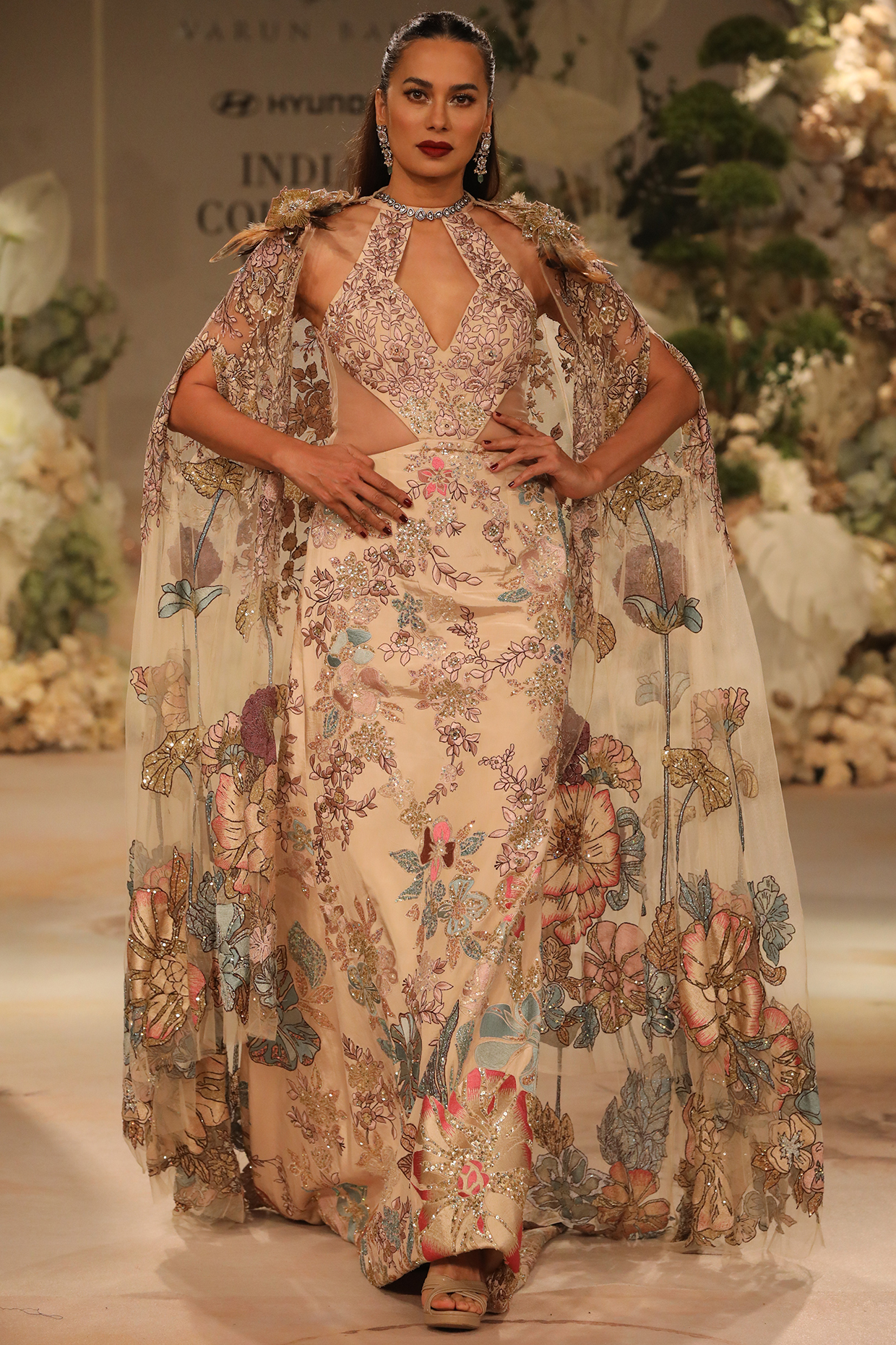 Champagne Gold Crepe Sequins Embellished Bridal Gown With Cape by Varun Bahl at Pernia's Pop Up Shop