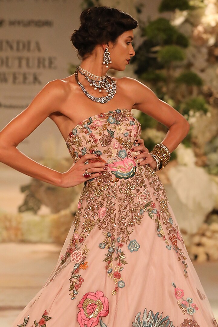 Petal Pink Net Resham Embroidered Ball Bridal Gown by Varun Bahl at Pernia's Pop Up Shop