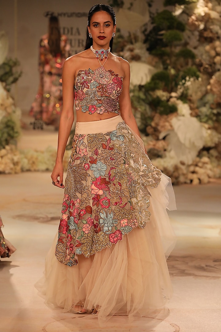 Champagne Gold Net & Tulle Sequins Embroidered Layered Skirt Set by Varun Bahl at Pernia's Pop Up Shop