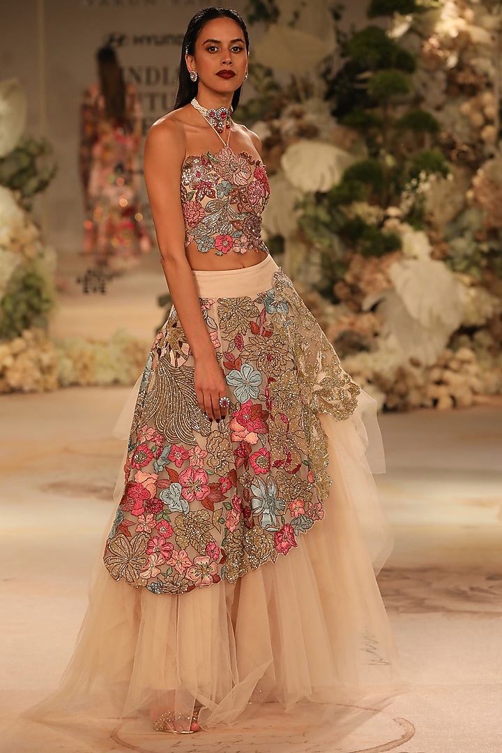Champagne Gold Net & Tulle Sequins Embroidered Layered Skirt Set by Varun Bahl at Pernia's Pop Up Shop