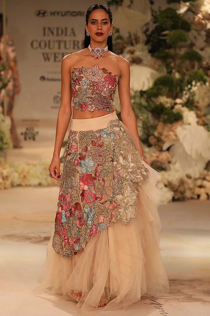 Champagne Gold Net & Tulle Sequins Embroidered Layered Skirt Set by Varun Bahl at Pernia's Pop Up Shop