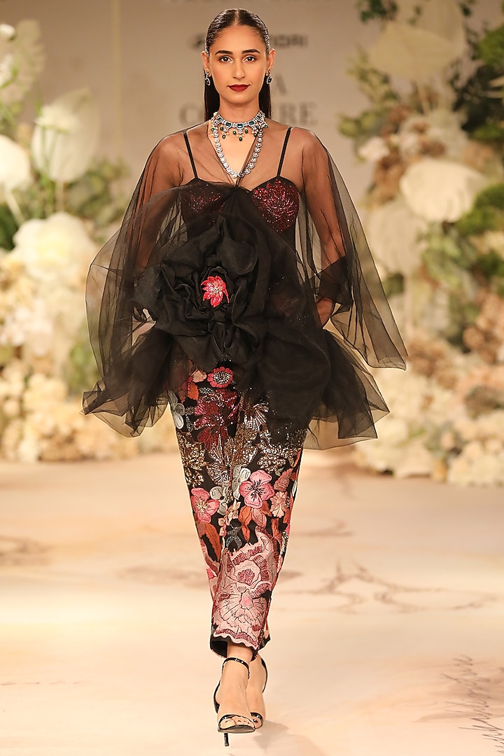 Black Chanderi Resham Embroidered Jumpsuit With Cape by Varun Bahl at Pernia's Pop Up Shop