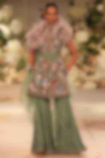 Moss Green Georgette Resham Embroidered Bridal Sharara Set by Varun Bahl at Pernia's Pop Up Shop