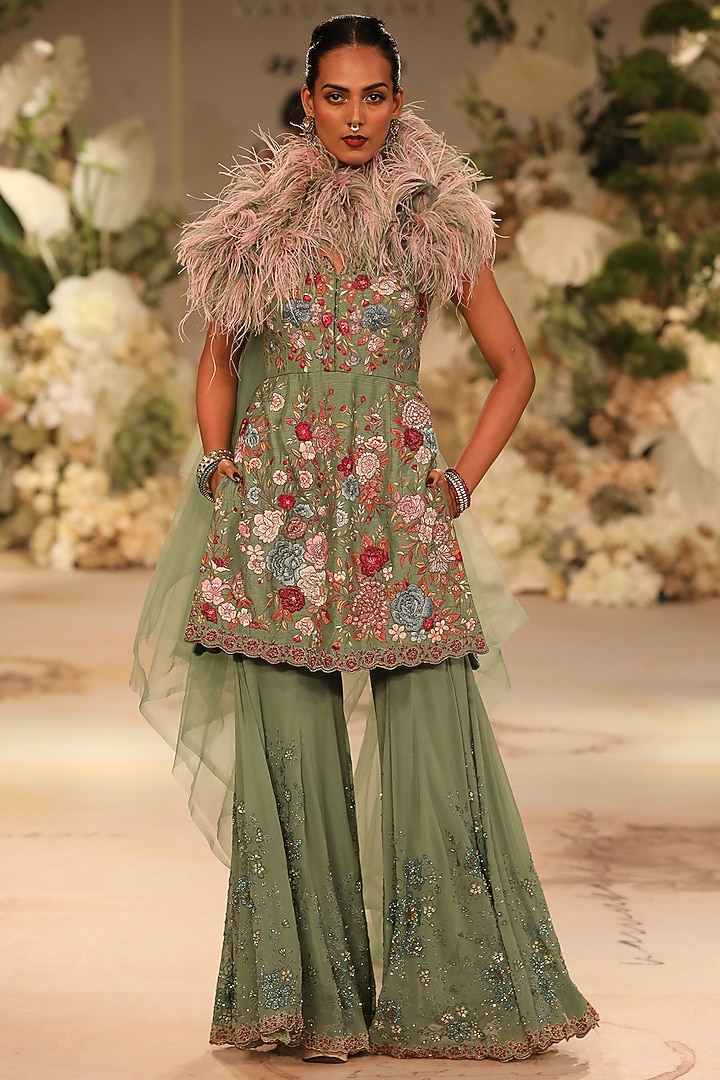 Moss Green Georgette Resham Embroidered Bridal Sharara Set by Varun Bahl at Pernia's Pop Up Shop
