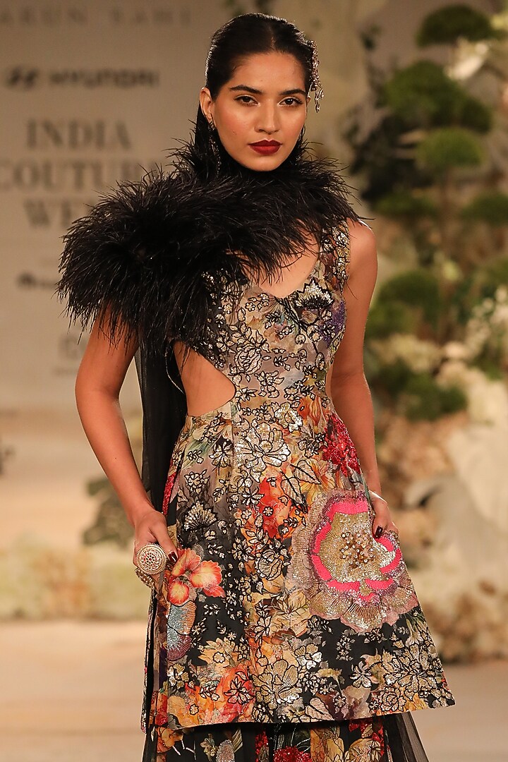 Black Georgette Printed Bridal Sharara Set by Varun Bahl at Pernia's Pop Up Shop