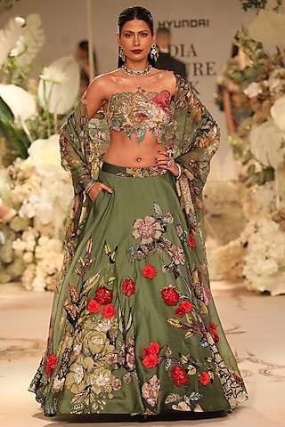 Green Organza Printed Lehenga Set by Varun Bahl