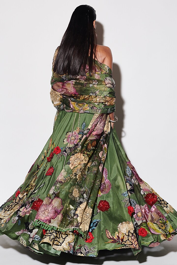 Green Organza Printed Bridal Lehenga Set by Varun Bahl at Pernia's Pop Up Shop