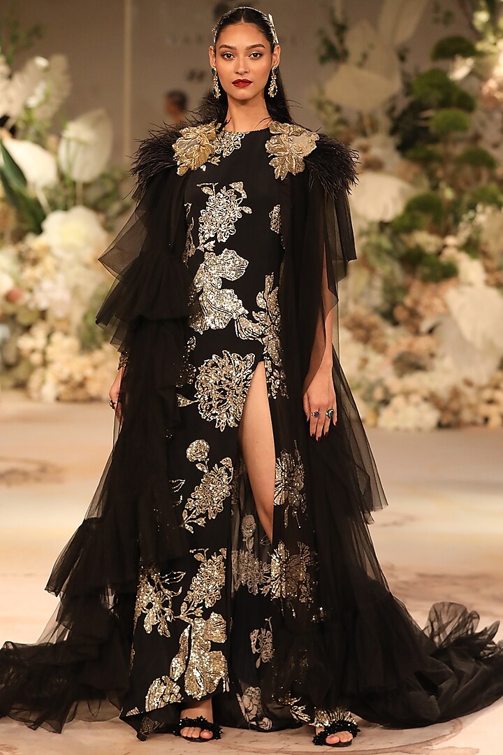 Black Crepe & Georgette Printed Gown With Cape by Varun Bahl at Pernia's Pop Up Shop