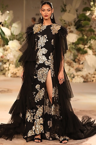 Black Crepe & Georgette Printed Gown With Cape by Varun Bahl