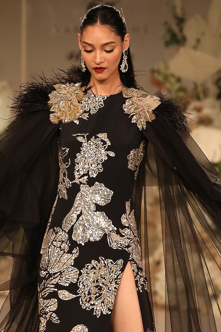 Black Crepe & Georgette Printed Bridal Gown With Cape by Varun Bahl at Pernia's Pop Up Shop