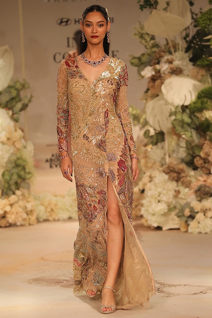 Beige Tulle Printed & Embellished Gown by Varun Bahl at Pernia's Pop Up Shop