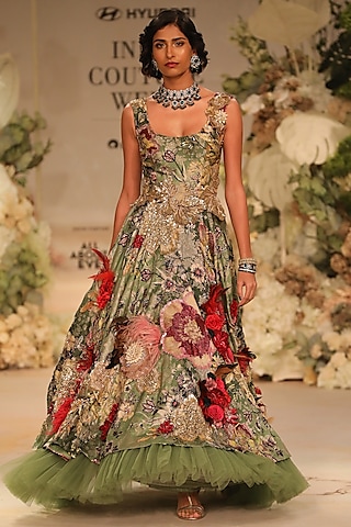 Green Silk Brocade Printed & Embellished Gown by Varun Bahl