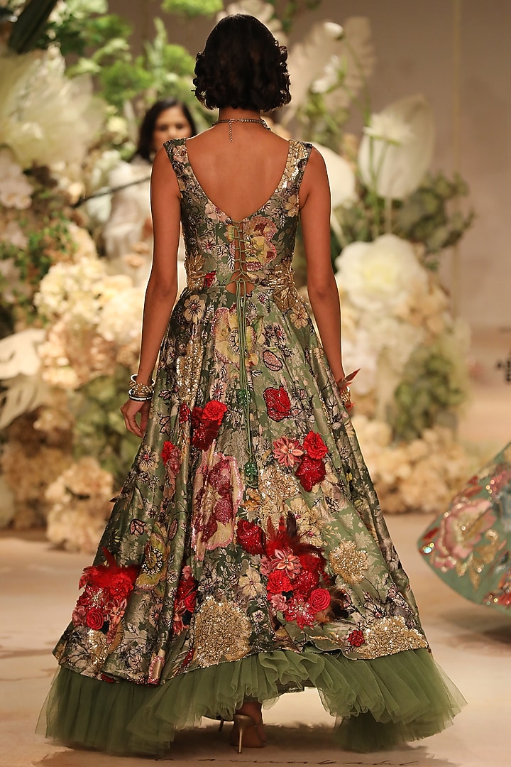 Green Silk Brocade Printed & Embellished Bridal Gown by Varun Bahl at Pernia's Pop Up Shop