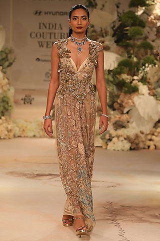 Beige Tulle Embellished Gown by Varun Bahl