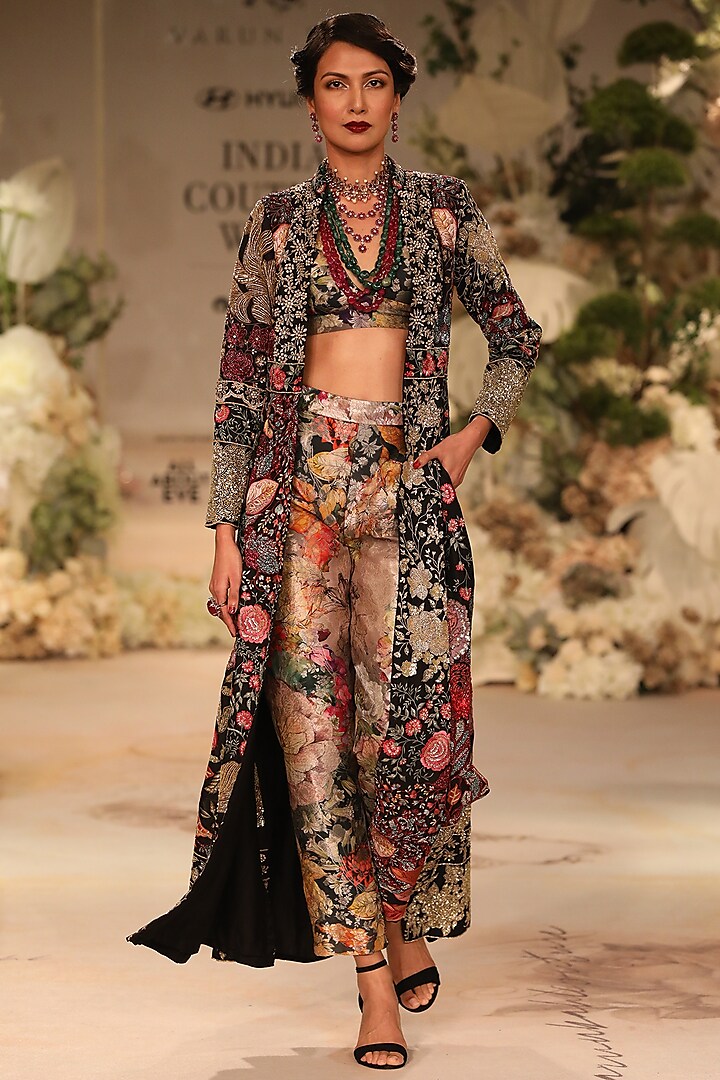 Black Chanderi Hand Embroidered Long Jacket Set by Varun Bahl at Pernia's Pop Up Shop