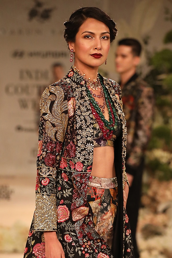 Black Chanderi Hand Embroidered Long Jacket Set by Varun Bahl at Pernia's Pop Up Shop