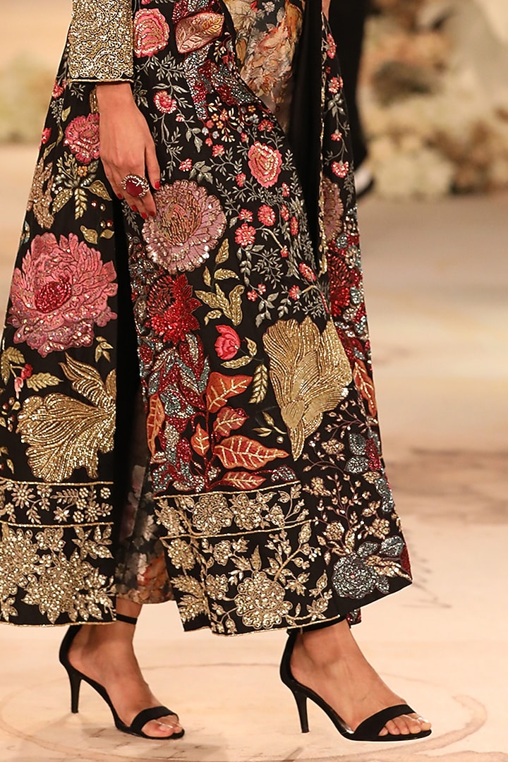 Black Chanderi Hand Embroidered Long Jacket Set by Varun Bahl at Pernia's Pop Up Shop