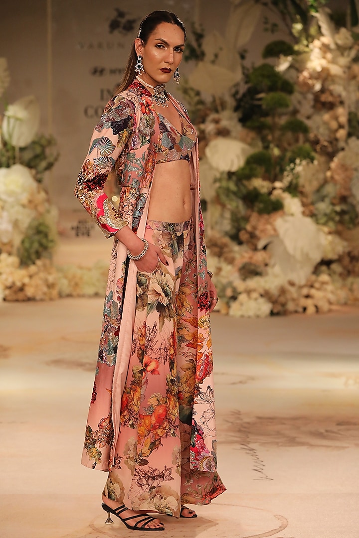 Pink Silk Dupion Printed & Embroidered Long Jacket Set by Varun Bahl at Pernia's Pop Up Shop