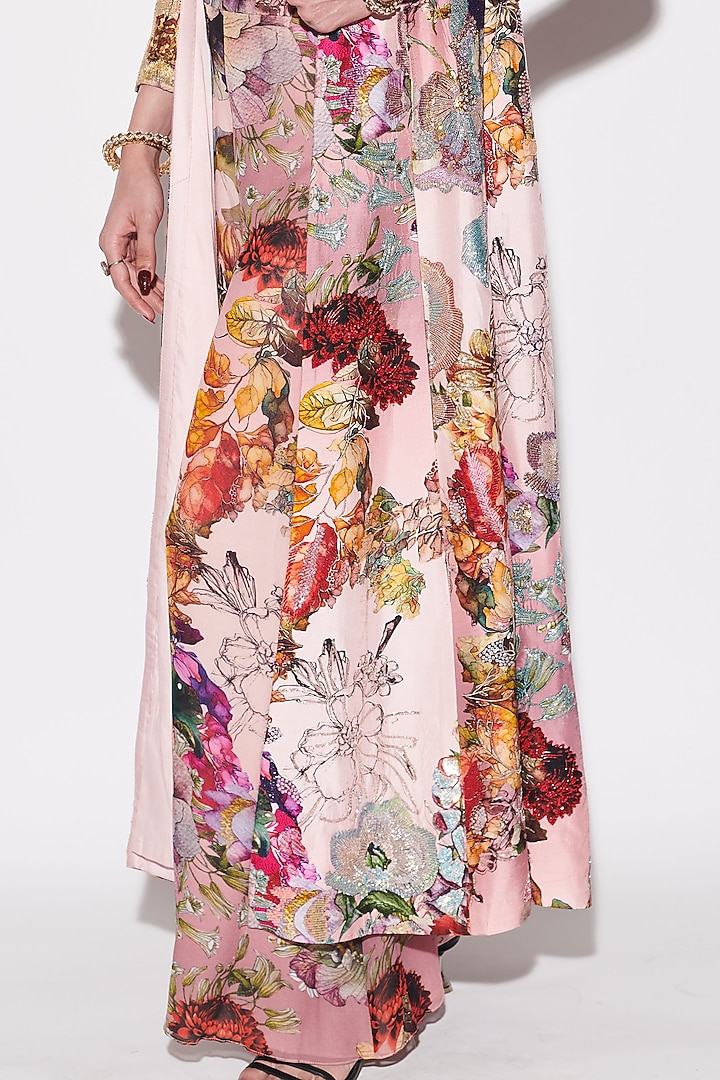 Pink Silk Dupion Printed & Embroidered Long Jacket Set by Varun Bahl at Pernia's Pop Up Shop